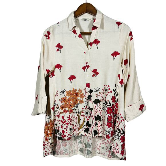 Max Half Button Mod Floral Print Tunic Tan Pink Red Hi Lo Hem - M - Picture 1 of 5